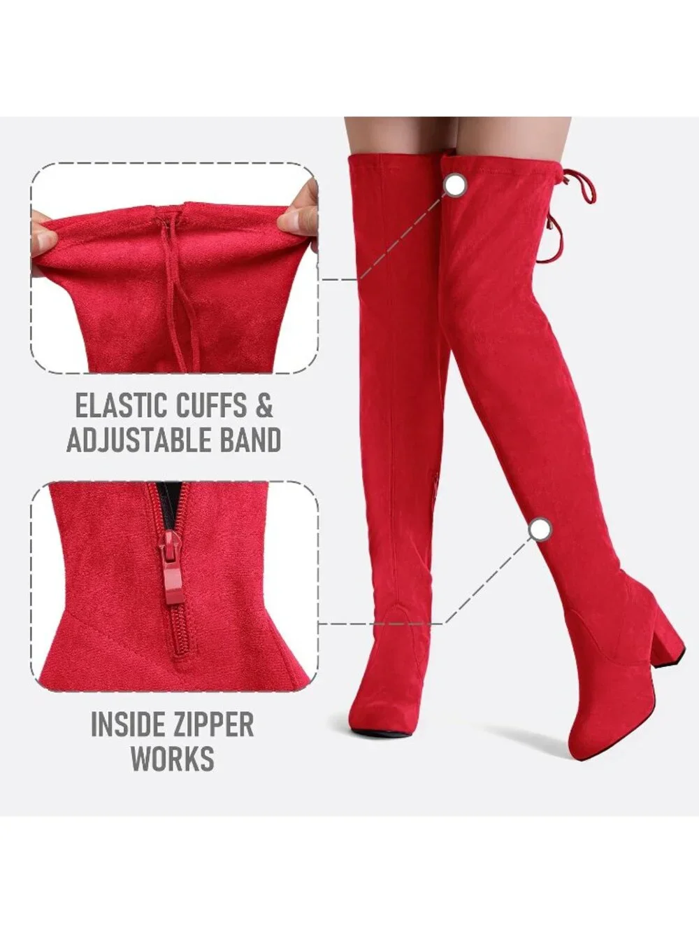 Women's Red Suede Closed Round Toe Block Heel Over The Knee High Boots